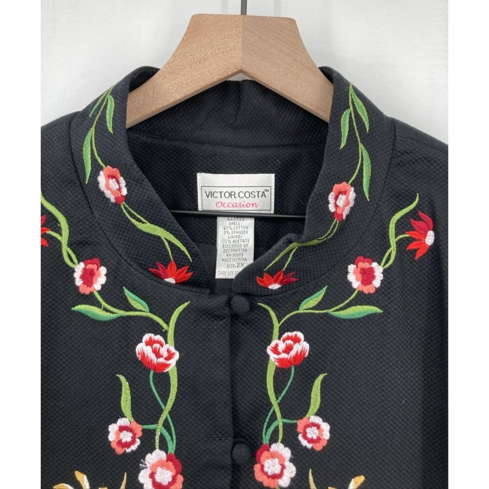 VICTOR COSTA vtg 90s Women Coat 2X Black Embroidered Flowers Button up Longline - Picture 2 of 11